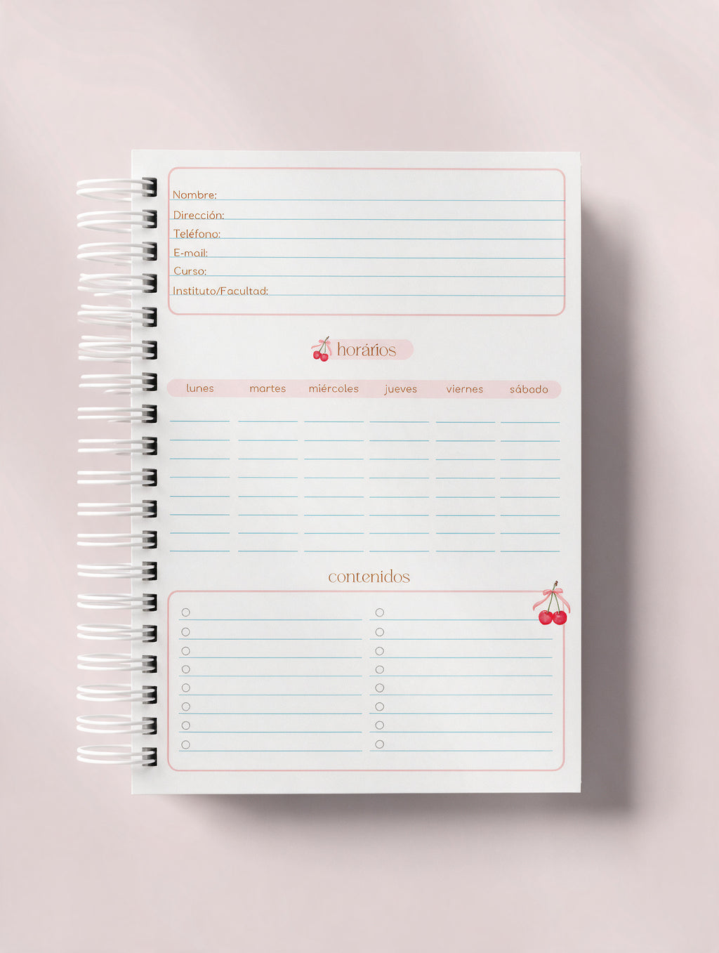 Página de datos personales, horario semanal de lunes a sábado y lista de contenidos en una libreta de anillas con cerezas