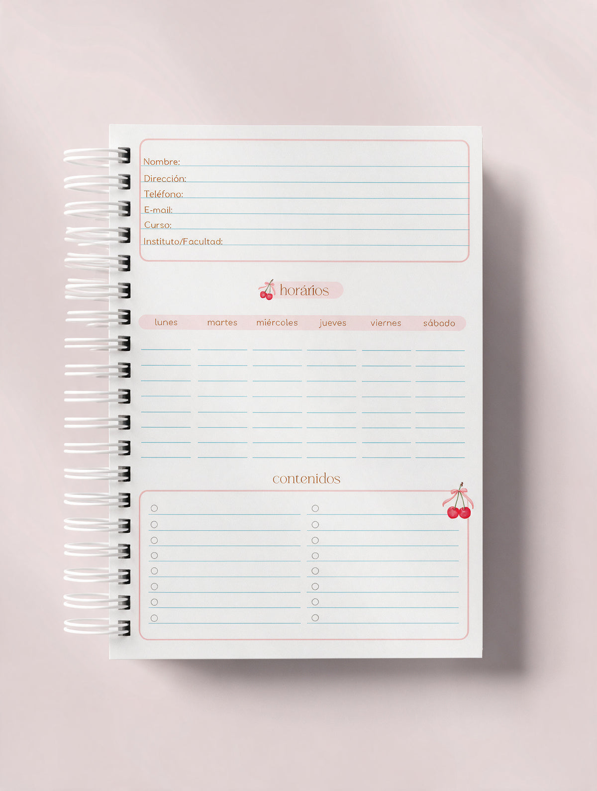 Página de datos personales, horario semanal de lunes a sábado y lista de contenidos en una libreta de anillas con cerezas