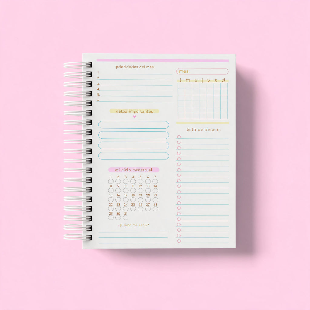 Planificador con página de inicio de mes: prioridades, datos importantes, lista de deseos y ciclo menstrual