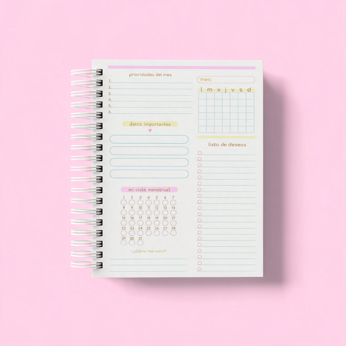Planificador con página de inicio de mes: prioridades, datos importantes, lista de deseos y ciclo menstrual